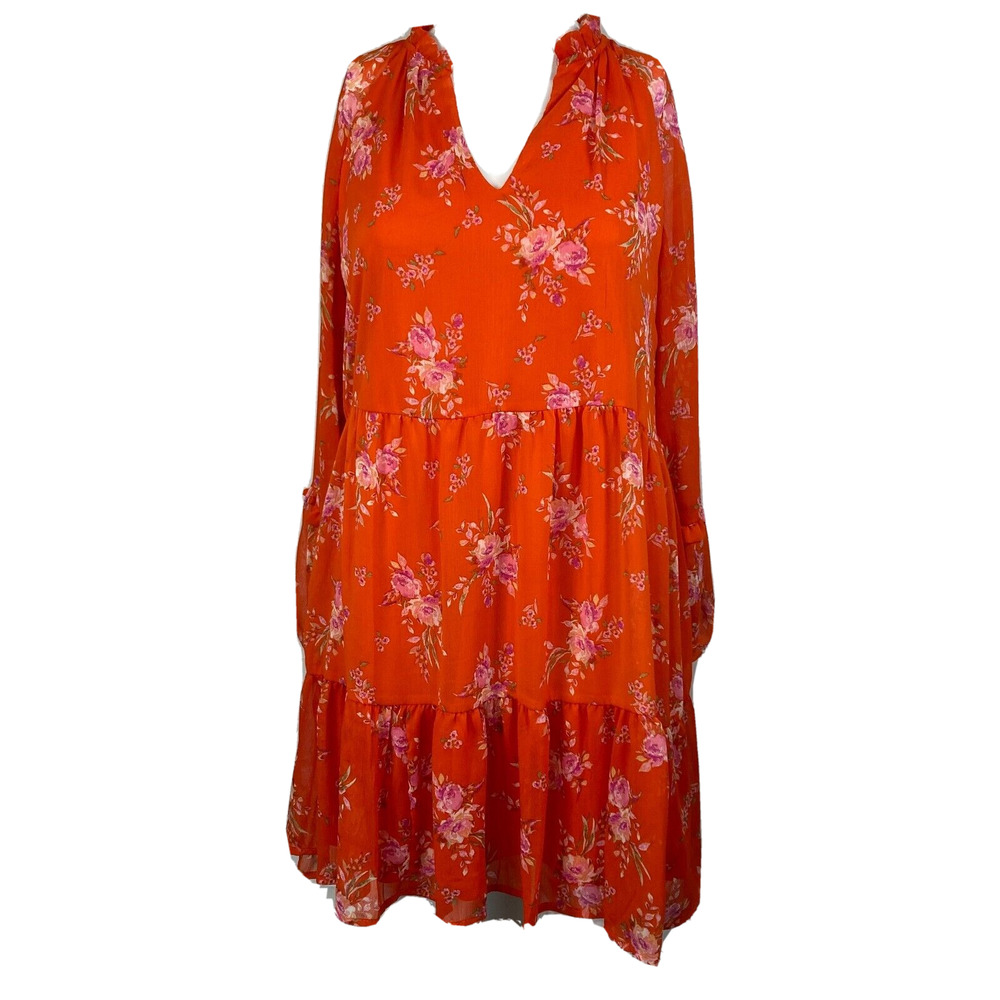 Vince Camuto Dress Womens Sz XS Orange Floral Chiffon Long Sleeve‎ Tiered Mini